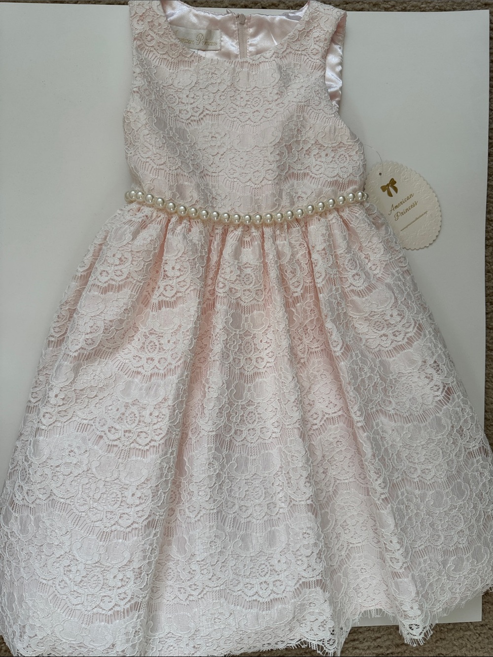 American Princess Pale Pink Lace Pearl Waist Formal Dress